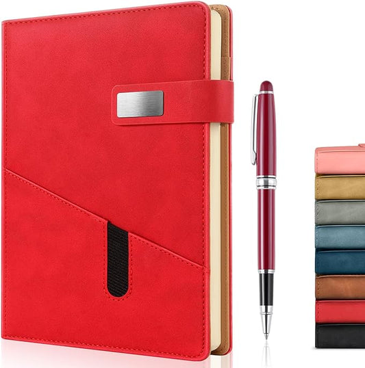 A5 Lined Leather Journal with Pen, 240 Pages Refillable Hardcover Notebook with Pocket and Magnetic Buckle, 80gsm Thick Daily Diary for Men and Women, Great Gift for Business School Travel Personal - Red