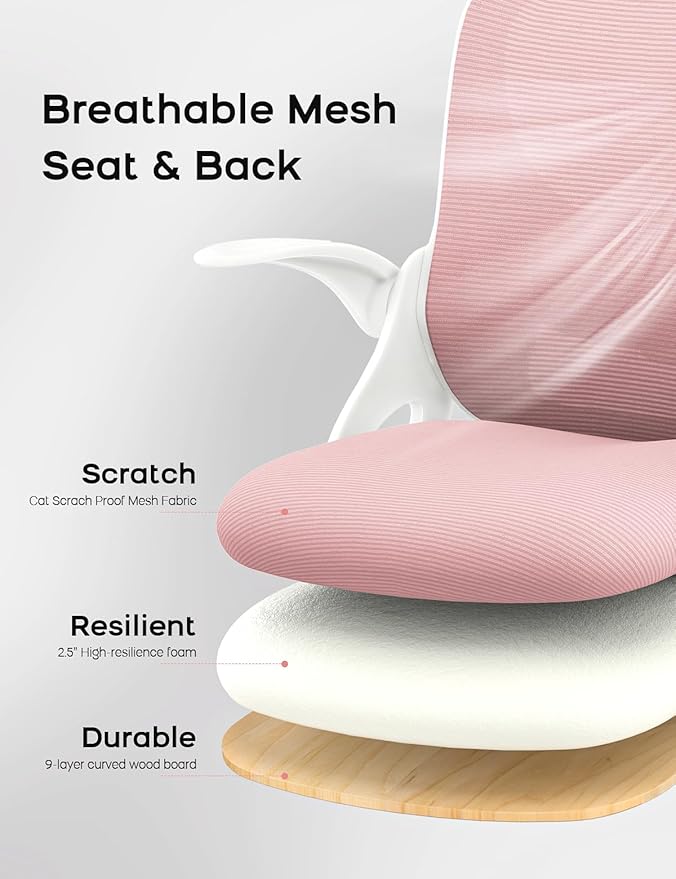 Mesh Office Chair Ergonomic Desk Chair with Up&Down Front&Rear 2 Dimensions Adjustable Lumbar Support and Flip-up Arm Rocking Comfy Swivel Computer Task Chair for Home Office(White-Pink)