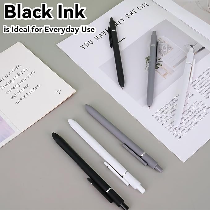 FIOVER Gel Pens,6Pcs Fine Point Smooth Writing Pens 0.5mm Black Gel Ink, High-End Series Ballpoint for Journaling Note Taking, Gifts for Women Men (6pcs-Black, Gray, White)