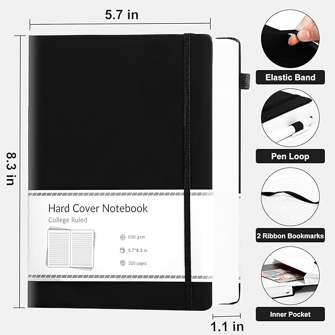 CAGIE Lined Journal Notebook, 320 Pages College Ruled Notebook, 100 Gsm Paper Thick Journal, A5 Hardcover Leather Journals for Writing Women Men, 5.7x8.3 In, Black