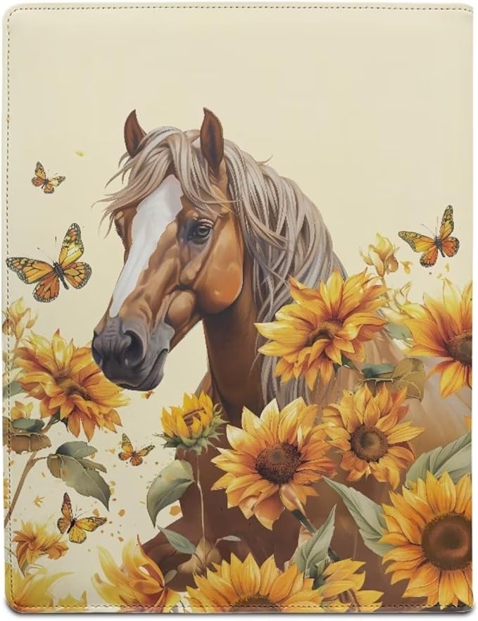 Office Folder Sunflower Horse Butterfly Print PU Leather Padfolio with A4 Size Clipboard Clip for Business Resume Interview Document Sleeve Binder Folder