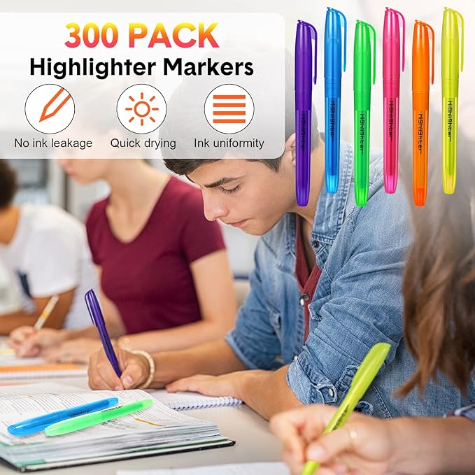 Thenshop 300 Pcs Highlighter Bulk Pack Assorted Colors Highlighter Markers Chisel Tip Fluorescent Pens for Office Classroom Back to School Supplies