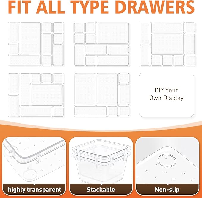 Drawer Organizers of 45 PCS Plastic Drawer Organizer Bins, 4 Sizes Versatile Bathroom Kitchen Office Organizers and Storage Containers for Makeup, Utensils, Stationery