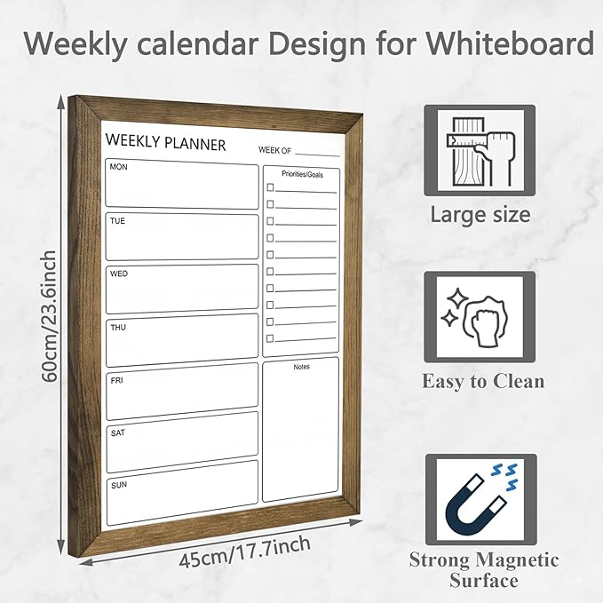 Dry Erase White Board Weekly Calendar Board, Magnetic Whiteboard for Wall,18“x24 Solid Wood Rustic Brown Framed Message Board, Planner Board for Office, Home, School(Weekly-BB-RB-4560)