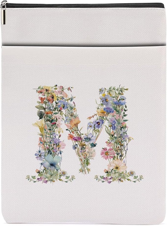 Monogrammed Book Sleeve Floral M Initial Book Pouch Book Accessories Book Lovers Gifts Waterproof Book Cover Book Protector Bookish Gifts Personalized Gifts for Women Girls Readers Bride Niece