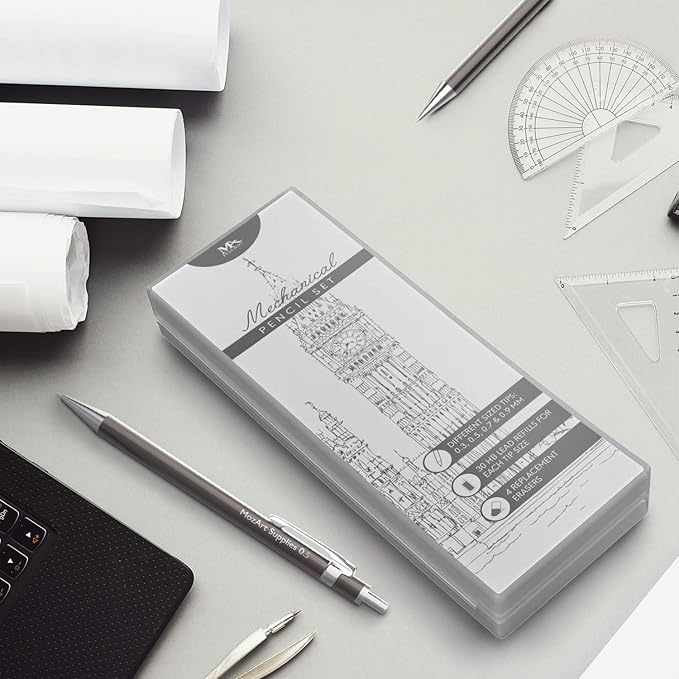 MozArt Mechanical Pencil Set with Case - 4 Sizes: 0.3, 0.5, 0.7 & 0.9mm with 30 HB Lead Refills Each & 4 Eraser Refills -Sketch, Drafting, Art, Drawing Supplies (Nickle)