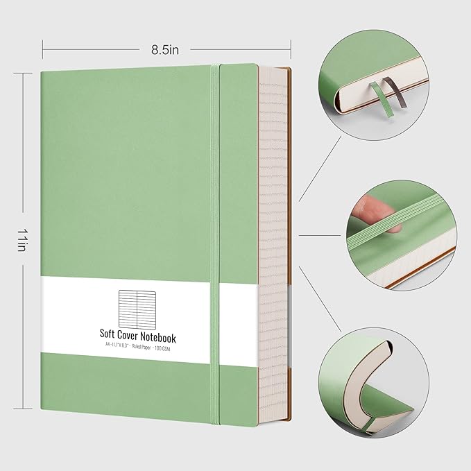 AHGXG A4 Notebooks College Ruled - 320 Pages Large Notebooks for Work, 8.5''×11'', 100gsm Thick Paper, Leather Softcover Thick Journal for Women Writing - LightGreen