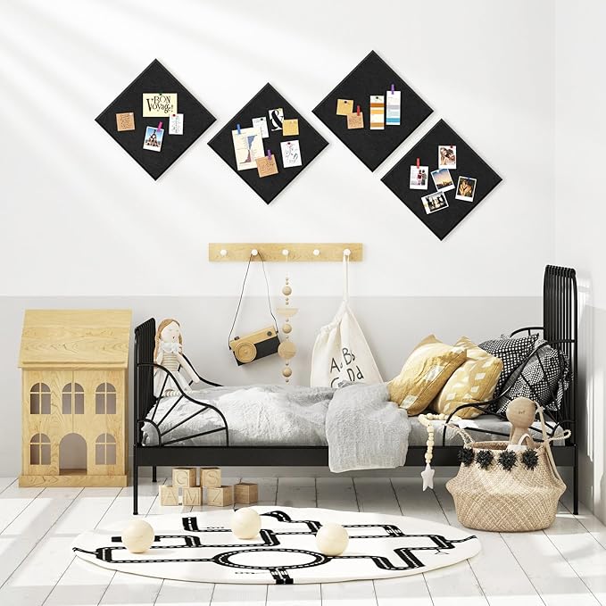 4 Pack Cork Board Tiles 12x12 Inches, 1/2" Thick Felt Cork Squares with 30 Push Pins, Bulletin Board Pin Board, Adhesive Cork Board for for Wall for Home, Office, and Kitchen (Black)