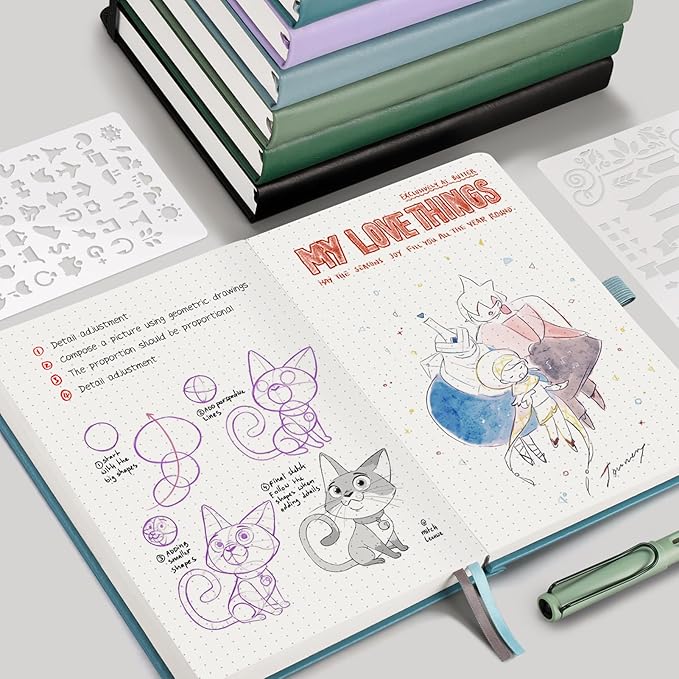 EMSHOI Bullet Dotted Journal Notebook - 320 Pages, 100gsm Thick Paper, A5 Hardcover Leather, Dot Grid Notebook for Women Men Work Writing, Bullet Journaling, Drawing, 5.75 x 8.38, GrayBlue