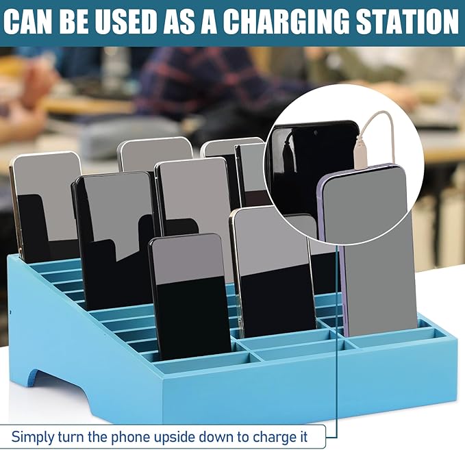 Wooden 36-Grid Cell Phones Storage Box Desktop Mobile Phone Holder Organizer for Office School Classroom (36-Grid Blue)