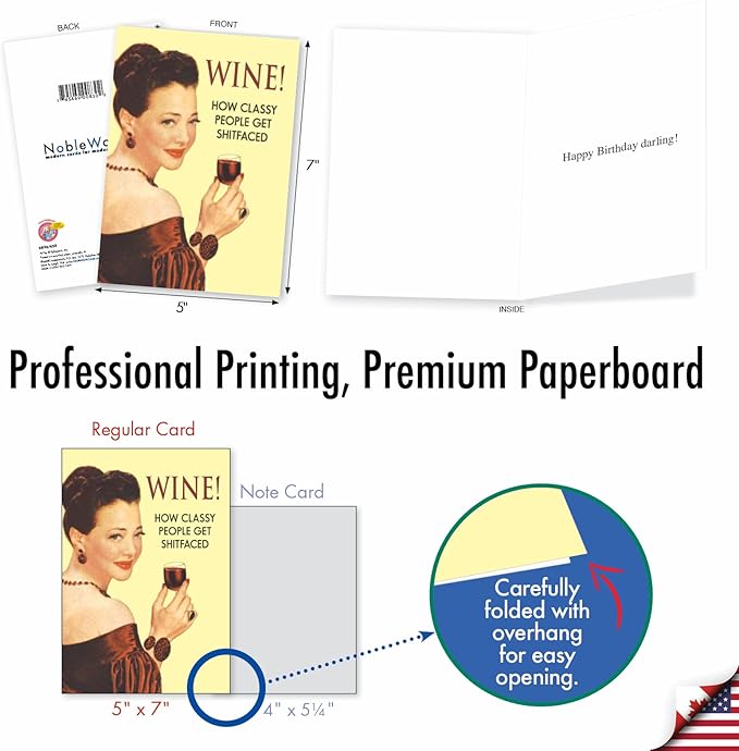 NobleWorks - 1 Funny Vintage Birthday Card - Hilarious Retro Greeting, Grown-Up Humor for Happy Birthdays - Wine Ephemera 0830