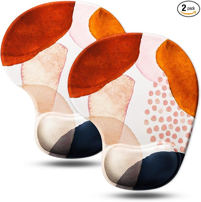 JIKIOU Mouse Pad, 2 Pack Ergonomic Mouse Pads with Comfortable Gel Wrist Rest Support and Lycra Cloth, Non-Slip PU Base for Easy Typing Pain Relief Durable and Easy to Clean Small Boho