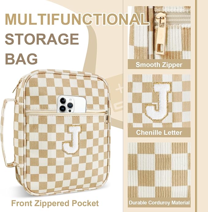 Personalized Initial Bible Cover Case for Women Girls Kid - Large Corduroy Bible Case with Handle, Stylish Chenille Letter Bag Study Supplies, Perfect Christmas Gifts for Christians Women (Khaki-J)