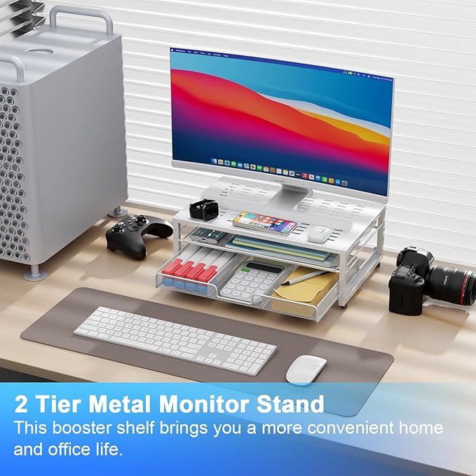 gianotter Computer Monitor Stand Riser, office organizer with Drawer, Office Organizers Storage for Classroom Office Supplies (White)