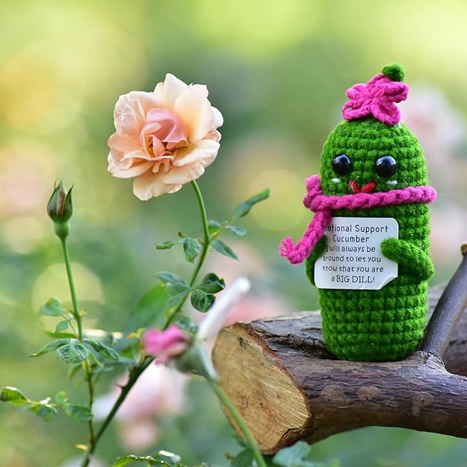 Funny Crochet Pickles 1 Pcs with Affirmations Cards for Inspirational Novelty Good Luck Gift and Party Decorations (KK-CKD04- REDCUM)