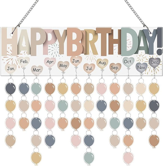 Eersida Birthday Calendar Wall Hanging Family Birthday Plaque with Tags Acrylic Birthday Reminder Calendar Board Classroom Birthday Reminder 120 Tags Christmas Party Gifts Home Decor(Boho Color)