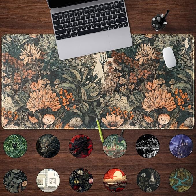 Boho Aesthetic Desk Mat Wildflowers Large Mouse Pad Gaming Desk Pad, XXL Keyboard Mat Full Desktop Women Office Desk Accessories with Stitched Edges Anti-Slip Funny Deskpad, 31.5 X 15.8 in