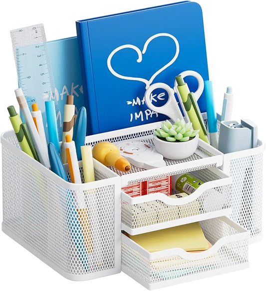 Marbrasse Mesh Desk Organizer, Pen Organizer with 2 Drawer, Multi-Functional Pencil Holder for Desk, Desk Organizers and Accessories with 5 Compartments + Drawer for Office Art Supplies (White)