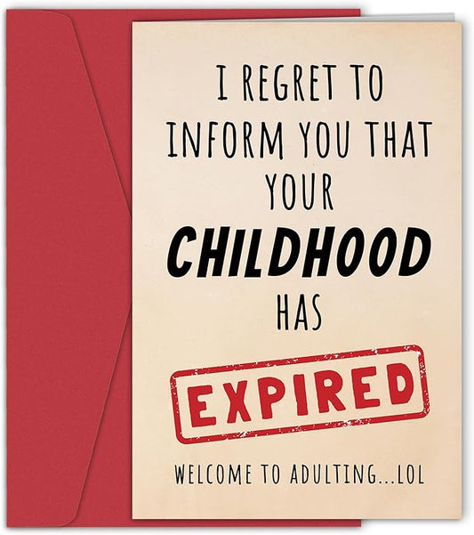 Funny 18th Birthday Card for Him Her, Humorous 18 Years Old Birthday Card for Son Daughter Sister Brother Best Friend, Your Childhood Has Expired