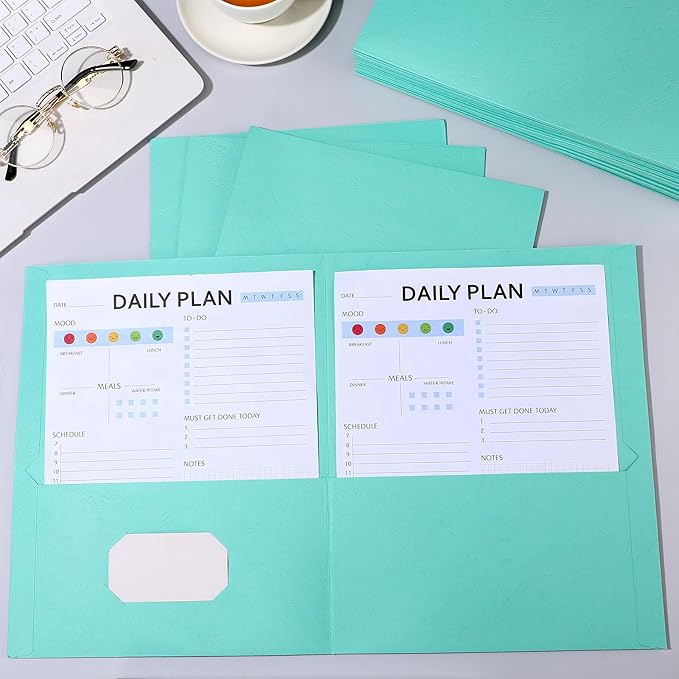 Harloon 75 Pack Two Pocket Portfolio Folders Bulk, 8.5 x 11 Inches Textured Paper with Business Card Slot Letter Size File Folders for Office School Classroom (Light Blue)