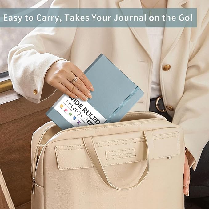 AHGXG Wide Ruled Notebook for School - Lined Journal for Women Men, 192 Numbered Pages, 100 GSM Thick Paper, A5 Hardcover Leather Notebook for Work, Writing, 5.7"×8.3" - Gray Blue