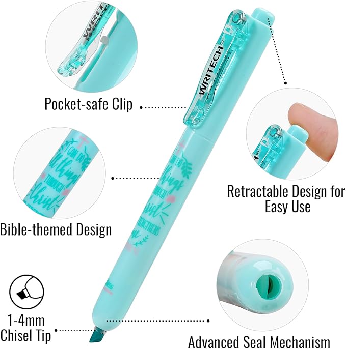 WRITECH Bible Mate Journaling Set: No Bleed Bible Highlighters & 0.7mm Black Ink Ballpoint Pens, Fast-Drying Ink, Pastel Colors Highlighter, Journaling Kit, 9ct
