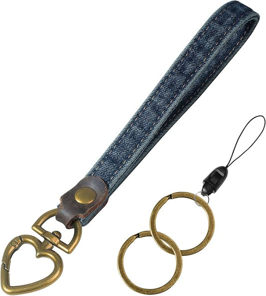 Fishent Denim Wristlet Keychain for Women Men, Cute Key Chain, Wrist Lanyards for Car Keys ID Badge Wallet Card Holder