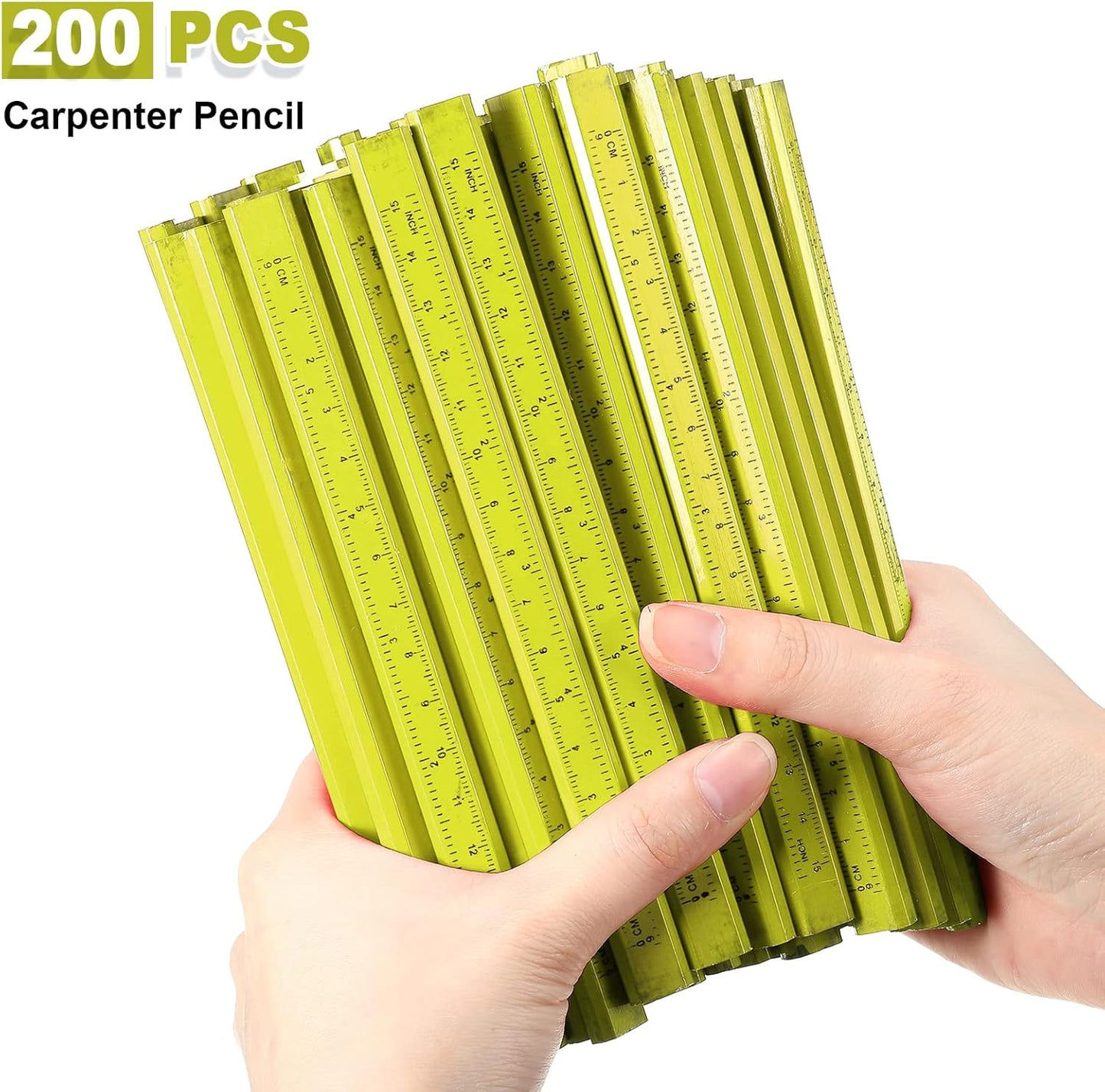 Honoson 200 Pcs Flat Construction Pencils with Printed Ruler Wood Graphite 2 Pcs Carpenter Pencil Sharpener for Woodworking Marking Tool(Yellow)