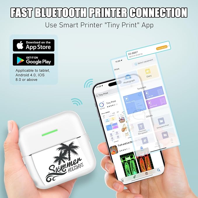 Mini Thermal Printer, Inkless Sticker Printer with 10 Rolls Printing Paper for Android or iOS APP, Portable Bluetooth Printer, Mini Pocket Printer for Journal, Notes, Kids Gift, Receipts