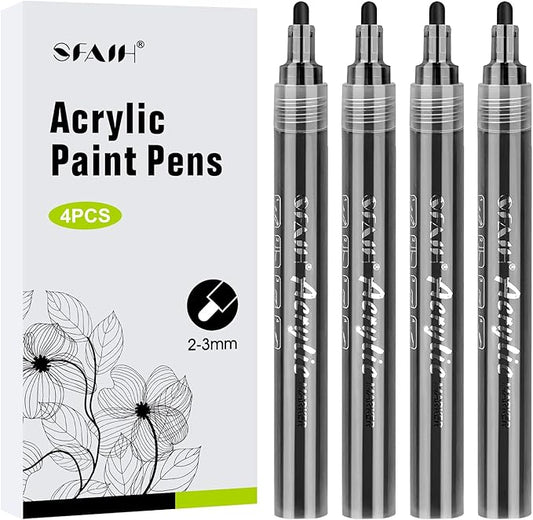 SFAIH Black Paint Markers Paint Pens - 4 Pack 2-3MM Medium Tip Acrylic Markers for Rock Painting, Wood, Metal, Fabric, Plastic, Canvas, Glass, Ceramic, Diy Crafts, Drawing, Tire