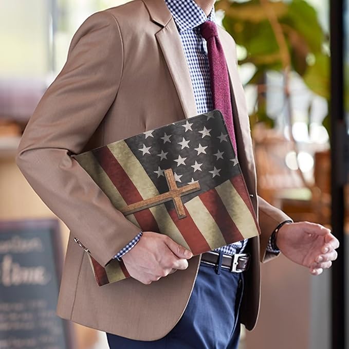 American Flag Cross PU Leather Padfolio Clipboard Clip Business Resume Portfolio A4 Folder Interview Legal Document Organizer Business Card Holder Letter