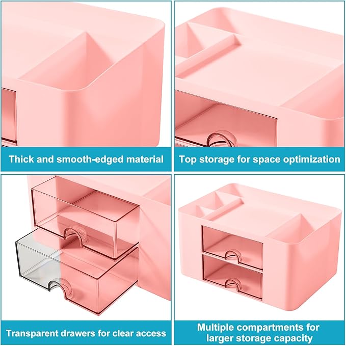 Pen Holder with Drawer, Office Desk Pen Organizer Multi-Functional Pencil Cup Makeup Brush Holder Cup Storage Office Business Card Pen Pencil Mobile Phone Stationery Holder Storage Box Pink