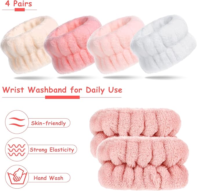 Chuangdi 4 Pairs Wrist Bands for Washing Face Wrist Spa Microfiber Wash Towel Band Scrunchies Absorbent Wristbands Sweatband for Women Prevent Liquid from Spilling