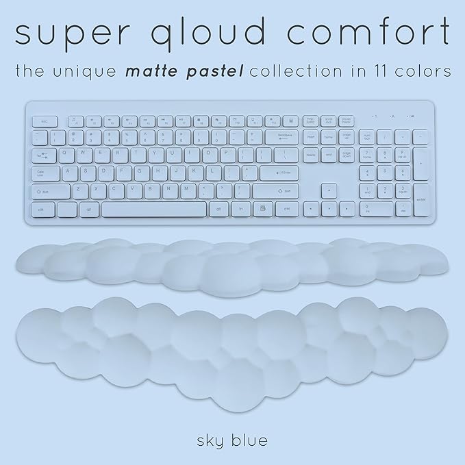Qloud Cloud Wrist Rest Keyboard Wrist Rest for Computer Keyboard Pad, Cloud Keyboard Wrist Rest, Wrist Pad for Keyboard, Memory Foam, Non Slip Base, Comes with Mouse Pad - Light Blue