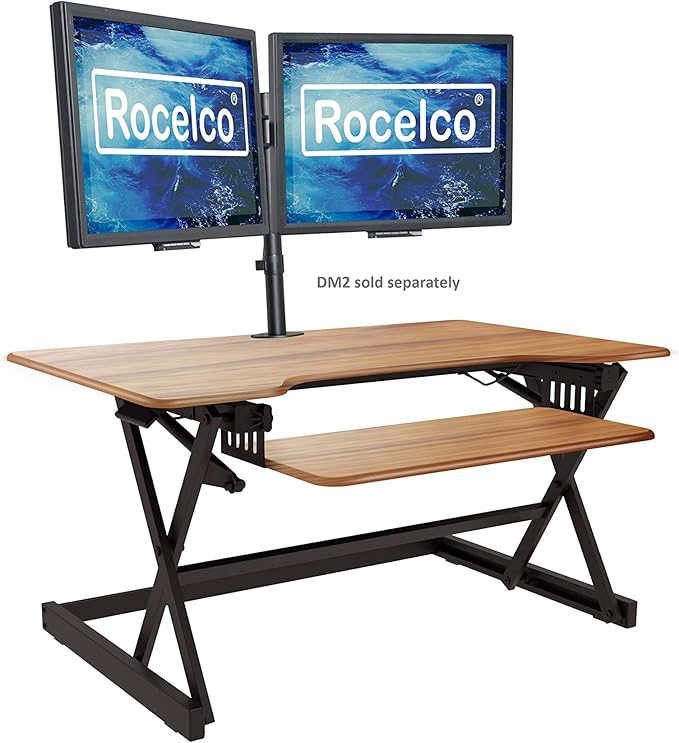 Rocelco 40" Large Height Adjustable Standing Desk Converter - Quick Sit Stand Up Dual Monitor Riser - Gas Spring Assist Computer Workstation - Retractable Keyboard Tray - Teak Wood Grain (R DADRT-40)