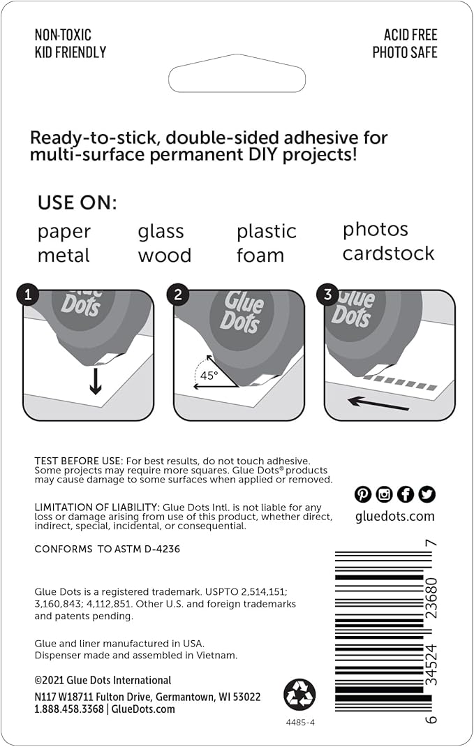 Glue Dots, Glue Squares Dot N' Go Dispenser, Double-Sided, 3/16", 450 Dots, Permanent, DIY Craft Glue Tape, Sticky Adhesive Glue Points, Liquid Hot Glue Alternative, Clear