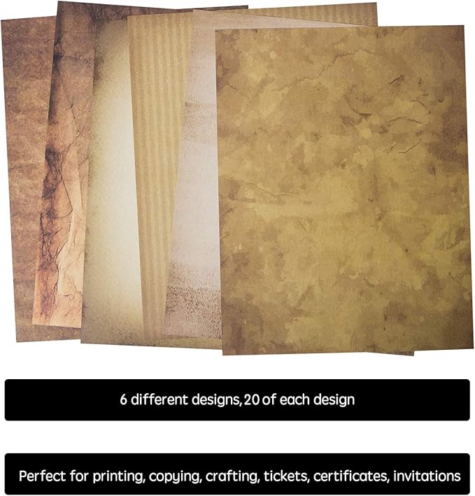 120 Aged Paper - Antique Looking Vintage Papers With Classic Aged Paper Designs - Six Unique Old Looking Paper Designs - Vintage Printing paper, Vintage Writing Paper, 8.5 x 11 inches (Pack of 120)