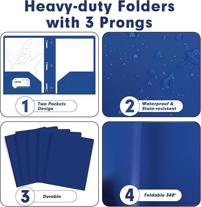 Plastic 2 Pocket Folders with Prongs, 30 Pack, Heavyweight, Letter Size Poly Folders with 3 Metal Prongs Fastener Clips (Blue)