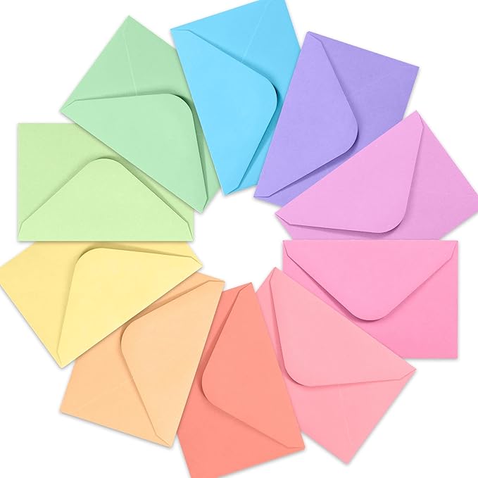 Gift Card Envelopes - 100-Count Mini Envelopes, Paper Business Card Envelopes, Bulk Tiny Envelope Pockets, 10 Pastel Colors, 4 x 2.7 Inches
