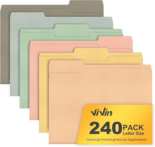 ViVin File Folders, Fits 8.5 x 11 Letter Size Paper, 1/3-Cut Tabs, 240 Pack Manilla Colored File Folders, Perfect for Home, Office, and School Documents File Paper(Assorted)