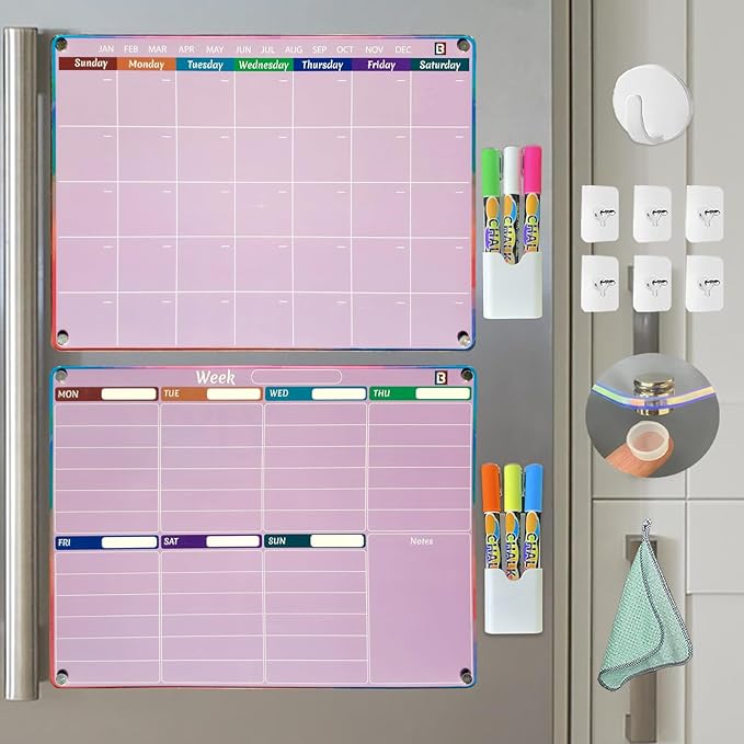 Pink Fridge Calendar - Acrylic calendar for fridge - 2 PCS Magnetic calendar for refrigerator | Monthly Planner, Weekly Planner with Removable template - 6 Dual Tip Vibrant Chalk Markers.