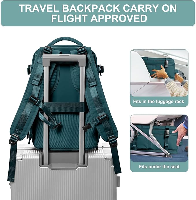 Travel Backpack Simple Durable Carry On Backpack with Shoe Compartment, Personal Item Travel Bag Flight Approved, Water Resistant Laptop Backpack for Women Men Weekender Business, Peacock Blue