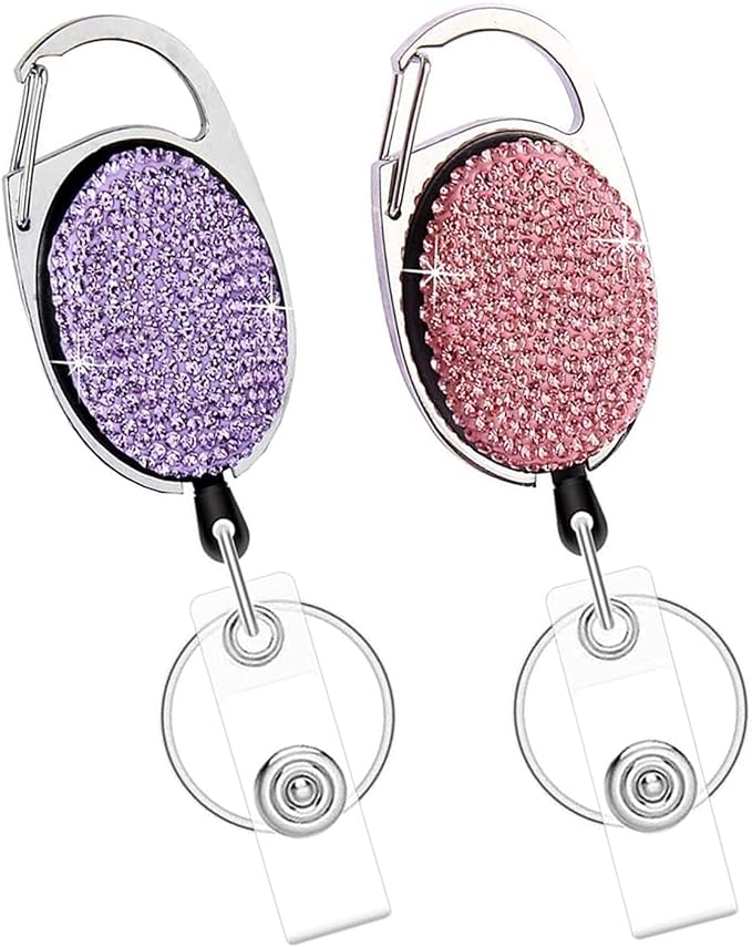 VIQWYIC 2 Pack Retractable ID Badge Holder with Clip, ID Name Badge Reels with Bling Rhinestones Retractable Card Holder for Office Worker Teacher Doctor Nurse(Pink&Purple)