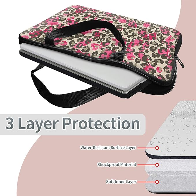 Universal Laptop Sleeve Tablet Case 12 inch, Pink Leopard Slim Carrying Case Durable Handbag Travel Laptop Bag for Surface Pro 9 8 7/Laptop Go 2 3, MacBook Air 11/12