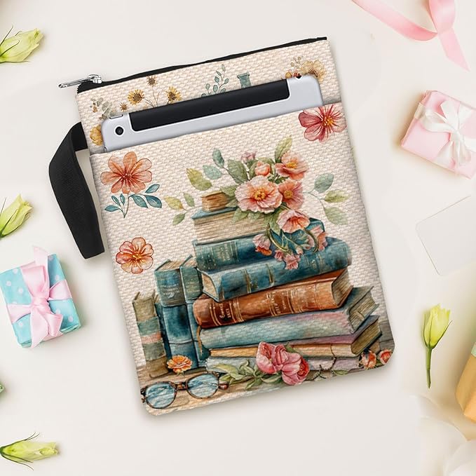 Book Cover Bag with Zipper and Front Pocket. Book Sleeve Gift for Book Lovers and Librarians. Washable Fabric 11 X 8.5 Inch Padded Protector Pouch for Paperbacks. Watercolor Art