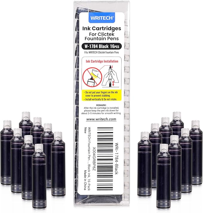 WRITECH Black Ink Cartridge Set: 16 Ink Cartridges Clictek Fountain Pens