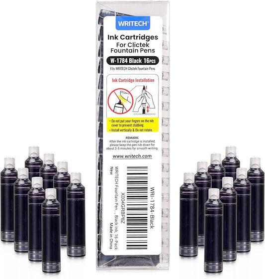 WRITECH Black Ink Cartridge Set: 16 Ink Cartridges Clictek Fountain Pens