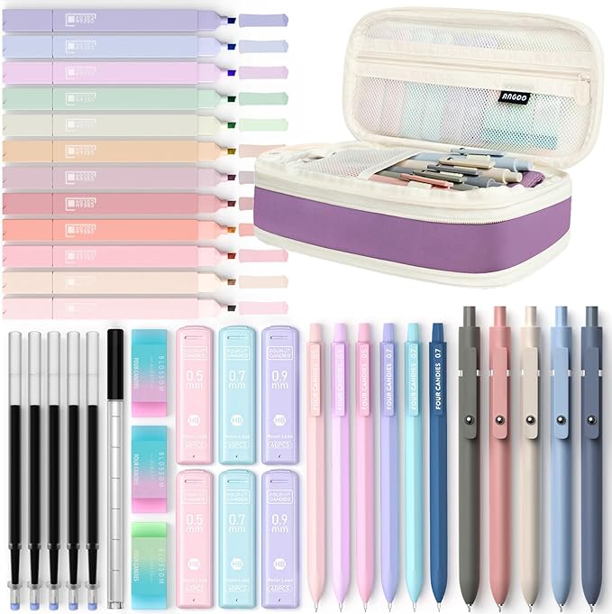 Four Candies 39 PCS Aesthetic School Supplies with Cute Pen Case, 12 Pastel Highlighters, 5 Black Ink Gel Pens, 6 Mechanical Pencils Set 0.5 & 0.7mm for Students Stationary College Essentials (Purple)