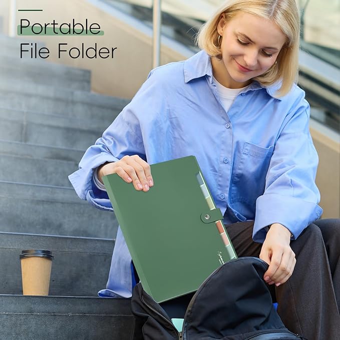 Sooez Elegant Accordion File Organizer with Labels, 8 Pocket Expanding File Folder, Portable Folders for Documents, Cute Paper Organizer for School Office Supplies, Letter Size, Light Green