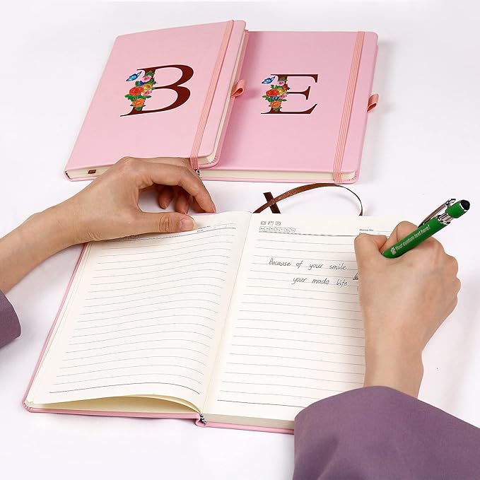 Pink Notebook for Women, 5.7"X8.3" A5 Journal Notebook with Letter M, Dual-Sided Writing Notebook with Dividers, Cute Leather Journal for Work, Business, School, Meetings, Travelers, Small Notebook